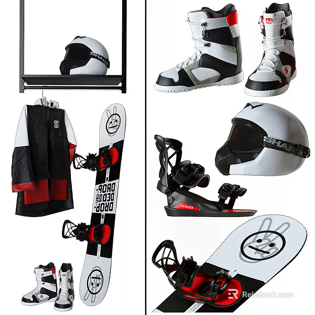Snow Sports Equipment With Helmet Ski Boots Jacket And Snowboard 3d model 