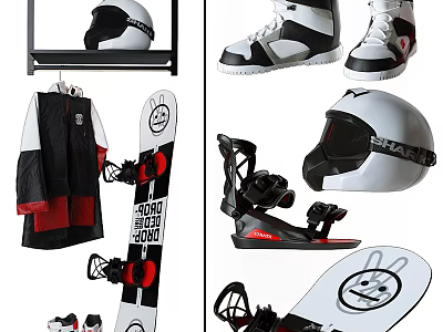Snow Sports Equipment With Helmet Ski Boots Jacket And Snowboard 3d model