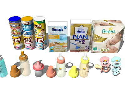 Essential Baby Daily Life Products Including Milk Powder Cans Diapers Bottles Nipples And Toys 3d model