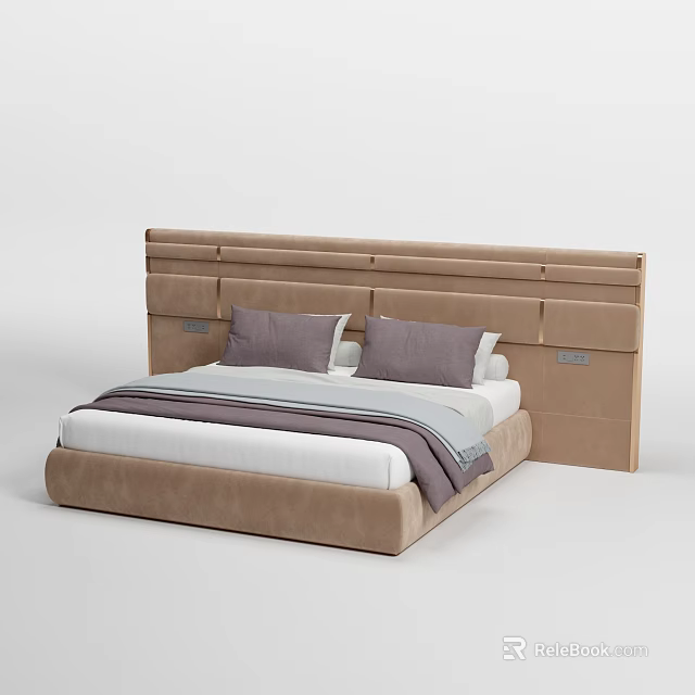 Modern Upholstered Double Bed With Layered Headboard Purple Pillows White Sheets And Gray Throw 3d model 