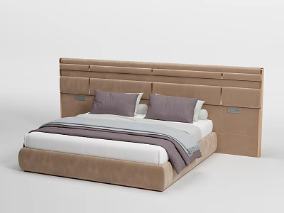 Modern Upholstered Double Bed With Layered Headboard Purple Pillows White Sheets And Gray Throw 3d model