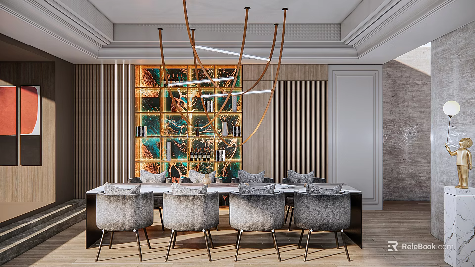 Stylish Restaurant Interior With Dining Table Gray Upholstered Chairs Decorative Artwork And Modern Pendant Lights 3d model 