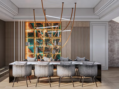 Stylish Restaurant Interior With Dining Table Gray Upholstered Chairs Decorative Artwork And Modern Pendant Lights 3d model