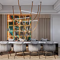 Stylish Restaurant Interior With Dining Table Gray Upholstered Chairs Decorative Artwork And Modern Pendant Lights
