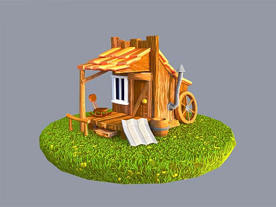 Cartoon Scene With Cozy Wooden Cabin Striped Orange Roof White Window And Green Grass 3d model