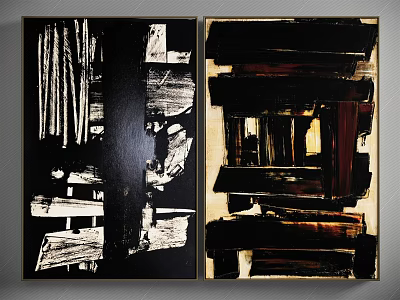 Modern Abstract Wall Art with Black White Brown Brush Strokes and Linear Elements 3d model