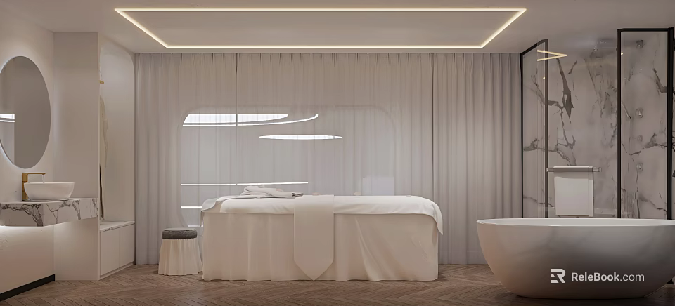 Modern Beauty Salon Treatment Room With White Curtains Beauty Bed Bathtub And Lighting Strips 3d model 