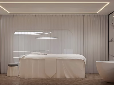 Modern Beauty Salon Treatment Room With White Curtains Beauty Bed Bathtub And Lighting Strips 3d model