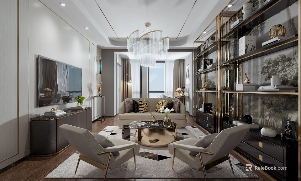 Elegant Modern Living Room Interior With Chandelier Sofa Armchairs And Geometric Rug 3d model 