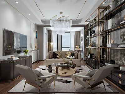 Elegant Modern Living Room Interior With Chandelier Sofa Armchairs And Geometric Rug 3d model
