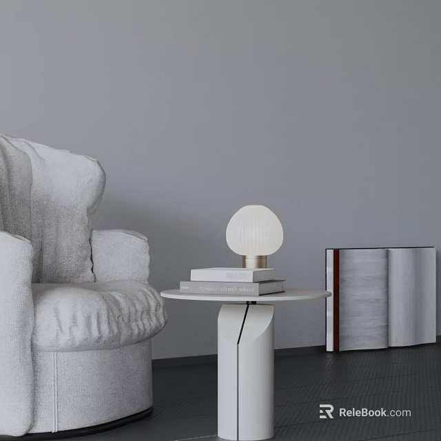 White Side Table With Stack Of Books Spherical Lamp Next To Cozy Gray Armchair 3d model 