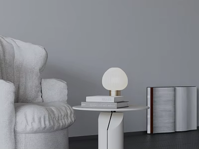 White Side Table With Stack Of Books Spherical Lamp Next To Cozy Gray Armchair 3d model