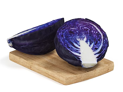 Fresh Vibrant Red Cabbage Halves Placed On Wooden Cutting Board 3d model