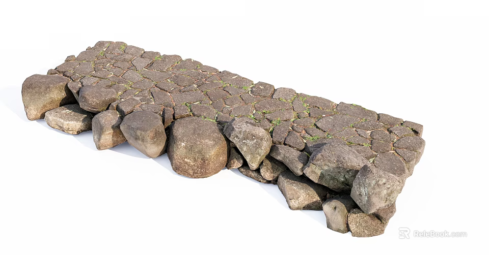 Natural Irregular Stone Ground With Green Moss Growing Between Stones 3d model 