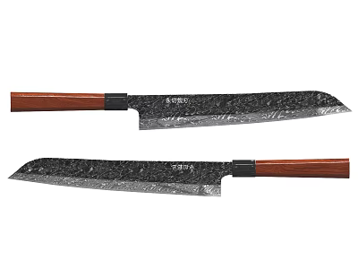 High Quality Kitchen Knives With Damascus Steel Blades And Wooden Handles 3d model
