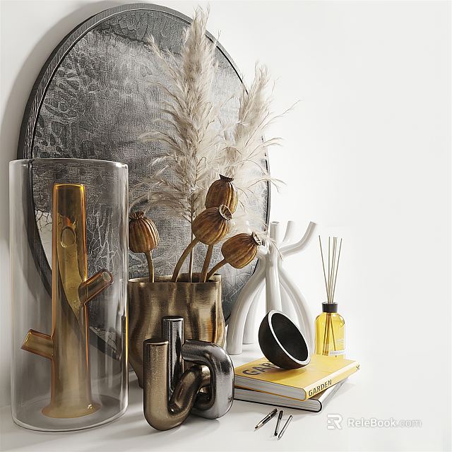 Modern Elegant Decorative Ornament Set With Round Mirror Dried Flowers Glass Vase And Metal Accents 3d model 