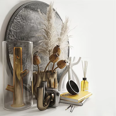 Modern Elegant Decorative Ornament Set With Round Mirror Dried Flowers Glass Vase And Metal Accents 3d model