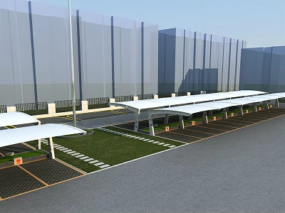 White Tensile Membrane Carports in Neatly Arranged Parking Lot with Green Lawn and Background Buildings 3d model