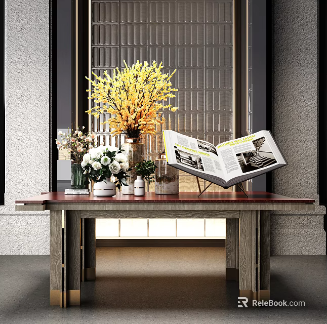 Wooden Table Setup With Open Book Yellow Flowers And Decorative Vases 3d model 