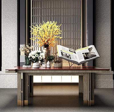 Wooden Table Setup With Open Book Yellow Flowers And Decorative Vases 3d model