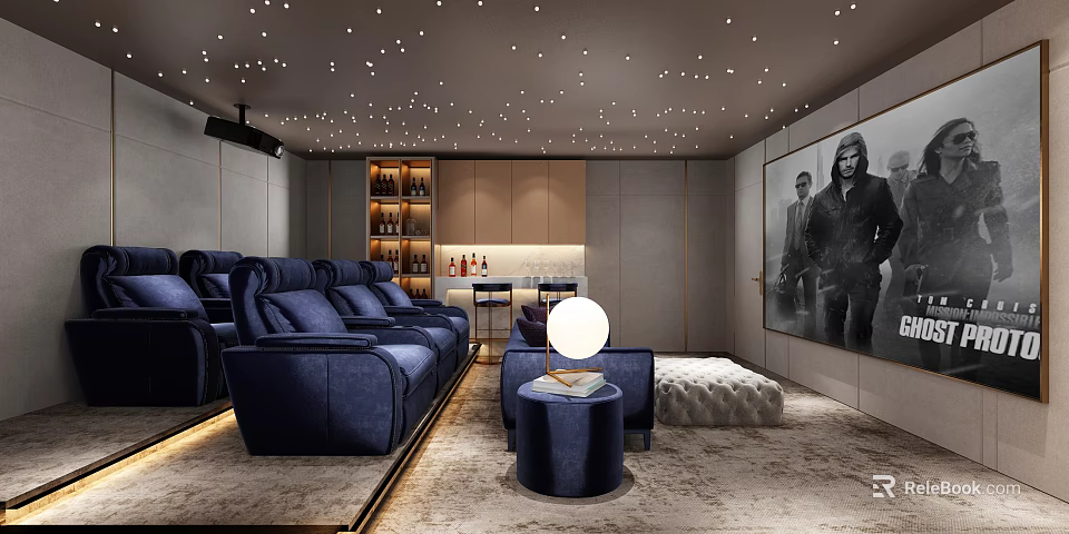 Luxurious Home Theater Interior With Blue Sofas Starry Ceiling And Projection Screen 3d model 