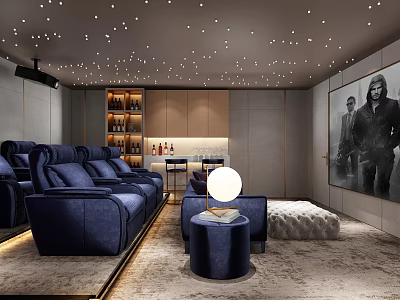 Luxurious Home Theater Interior With Blue Sofas Starry Ceiling And Projection Screen 3d model
