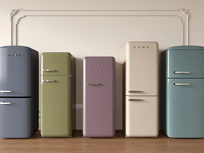 Colorful Vintage Freestanding Refrigerators Arranged In A Row For Interior 3d model