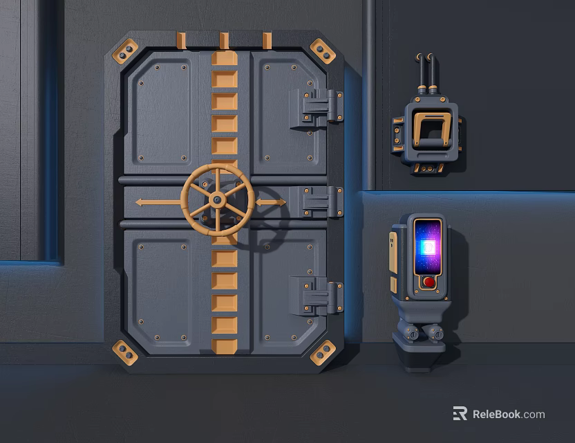 Gray Mechanical Door With Gold Wheel Ladder And Control Devices 3d model 
