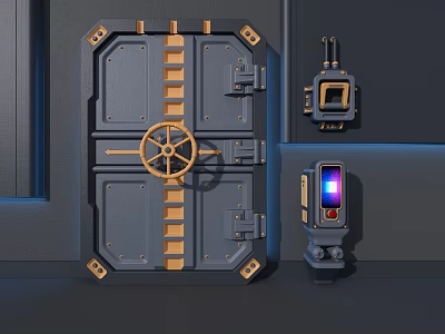 Gray Mechanical Door With Gold Wheel Ladder And Control Devices 3d model