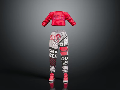 Red Cropped Top With CHIC Lettering And Printed Sweatpants Go Go Go Design Red Sneakers 3d model