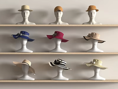 Various Stylish Hats Displayed On Mannequin Heads Across Wooden Shelves 3d model