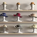 Various Stylish Hats Displayed On Mannequin Heads Across Wooden Shelves