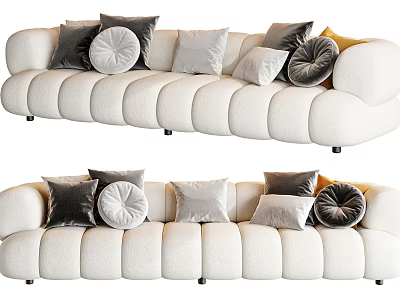 Modern Plush Sectional Sofa With White Velvet Upholstery And Round Decorative Pillows 3d model