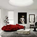 Modern Living Room Interior With Cozy Purple Upholstered Armchair And Artistic Tall Stacked Book