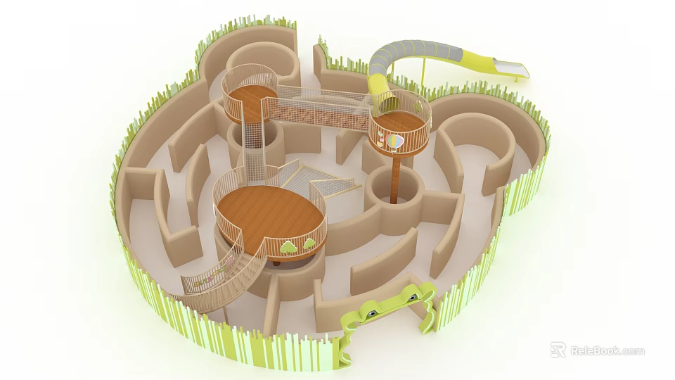 Playground Equipment Featuring Maze Design Spiral Slide Circular Wooden Platforms And Green Fencing 3d model 