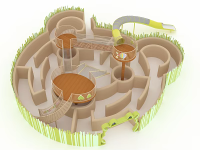 Playground Equipment Featuring Maze Design Spiral Slide Circular Wooden Platforms And Green Fencing 3d model