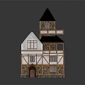 Cartoon Scene Of Two Story House With Black Roof White Walls And Brown Wooden Frames
