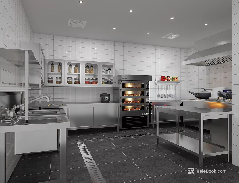 Modern Commercial Kitchen Interior With Stainless Steel Equipment Tiled Walls Storage Cabinets And Worktables 3d model 