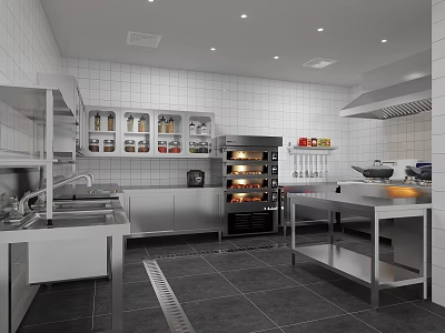 Modern Commercial Kitchen Interior With Stainless Steel Equipment Tiled Walls Storage Cabinets And Worktables 3d model