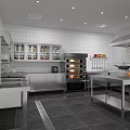 Modern Commercial Kitchen Interior With Stainless Steel Equipment Tiled Walls Storage Cabinets And Worktables