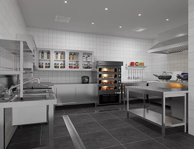 Modern Commercial Kitchen Interior With Stainless Steel Equipment Tiled Walls Storage Cabinets And Worktables 3d model