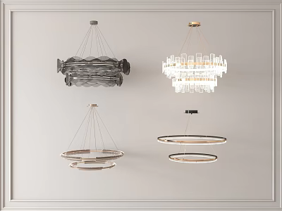 Modern Chandeliers With Layered Circular Frames And Crystal Glass Shades For Interior Decoration 3d model