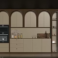 Elegant Wine Cabinet Interior With Arched Glass Doors Wooden Frame Cream Panels And Ambient Lighting