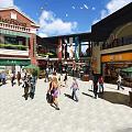 Commercial Landscape With Red Brick Buildings Shops Green Umbrellas And Outdoor Seating