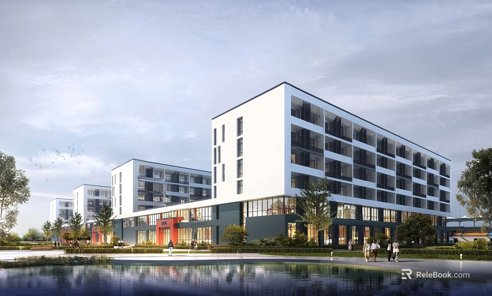 Modern Multistory School Buildings With White And Gray Exterior Lakeside Greenery And Trees 3d model 