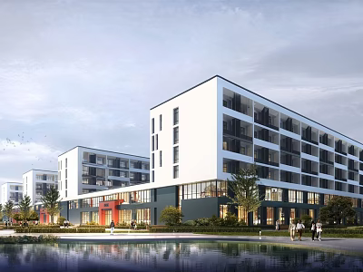 Modern Multistory School Buildings With White And Gray Exterior Lakeside Greenery And Trees 3d model