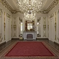 Luxury Clubhouse Interior With Golden Decor White Walls Grand Chandeliers Red Carpet And Fireplace