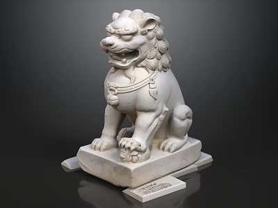 Traditional Stone Lion Sculpture With Detailed Mane And Decorative Bell On Marble Base 3d model