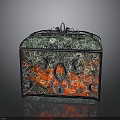 Decorative Box With Green Top Red Sides Intricate Patterns And Metal Accents