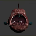 Red Angler Fish With Sharp Teeth Long Lure And Blue Fins